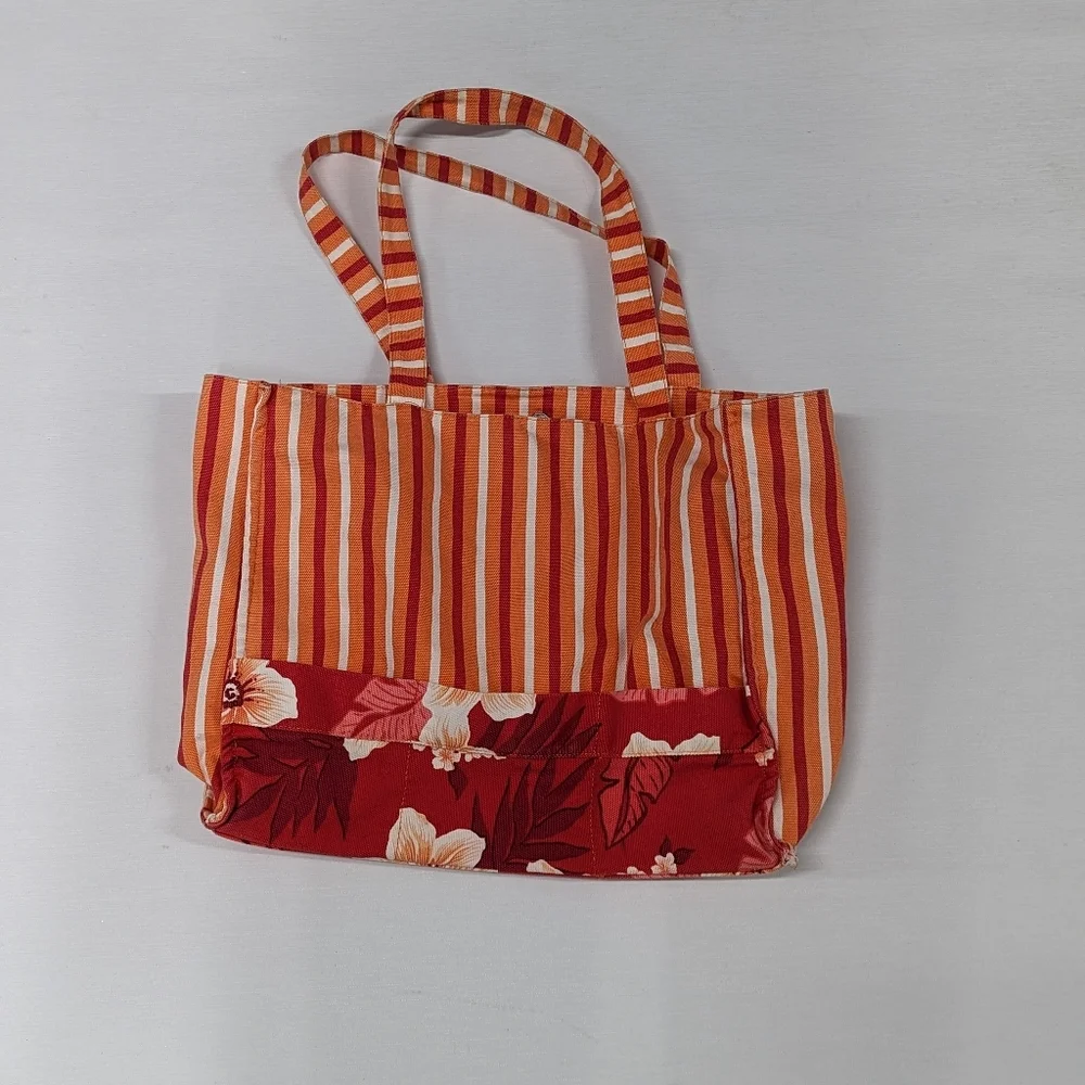 Vintage Jantzen Orange Red Striped Large‎ 100% Cotton Tote with interior pocket
